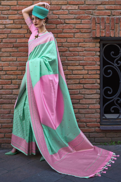 Ravishing Sea Green Soft Banarasi Silk Saree With Dulcet Blouse Piece