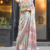 Elegant Off White Digital Printed Satin Silk Saree With Lovely Blouse Piece