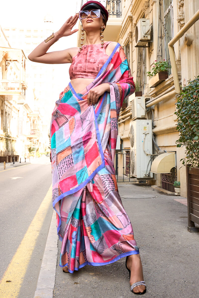 Beleaguer Pink Digital Printed Satin Silk Saree With Desuetude  Blouse Piece