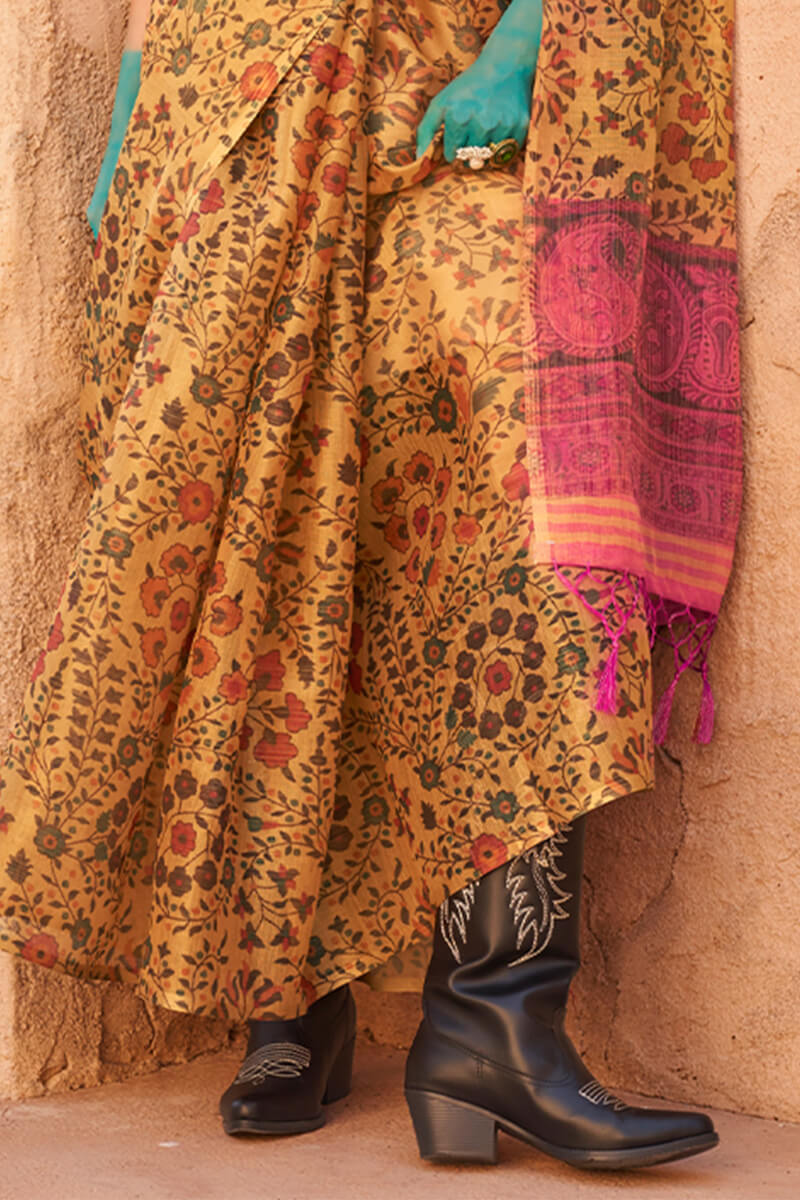 Deserving Mustard Digital Printed Tissue Silk Saree With Impressive Blouse Piece