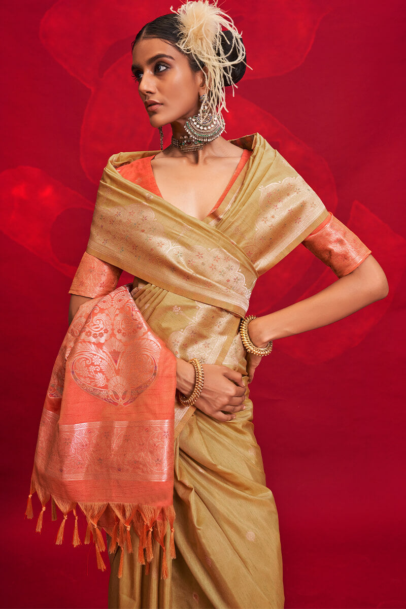 Sempiternal Beige Soft Banarasi Silk Saree With Woebegone Blouse Piece