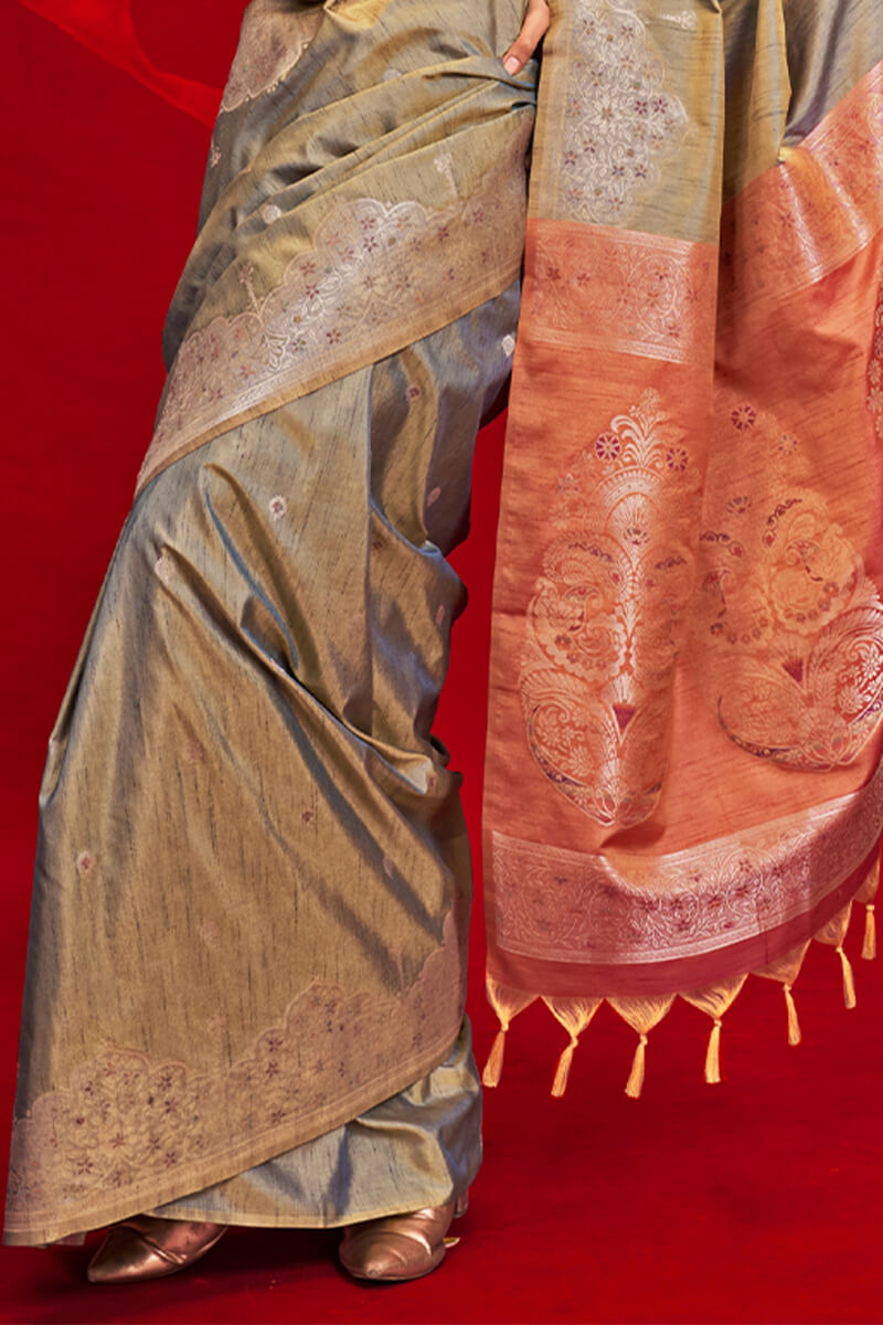 Imaginative Grey Soft Banarasi Silk Saree With Unequalled Blouse Piece