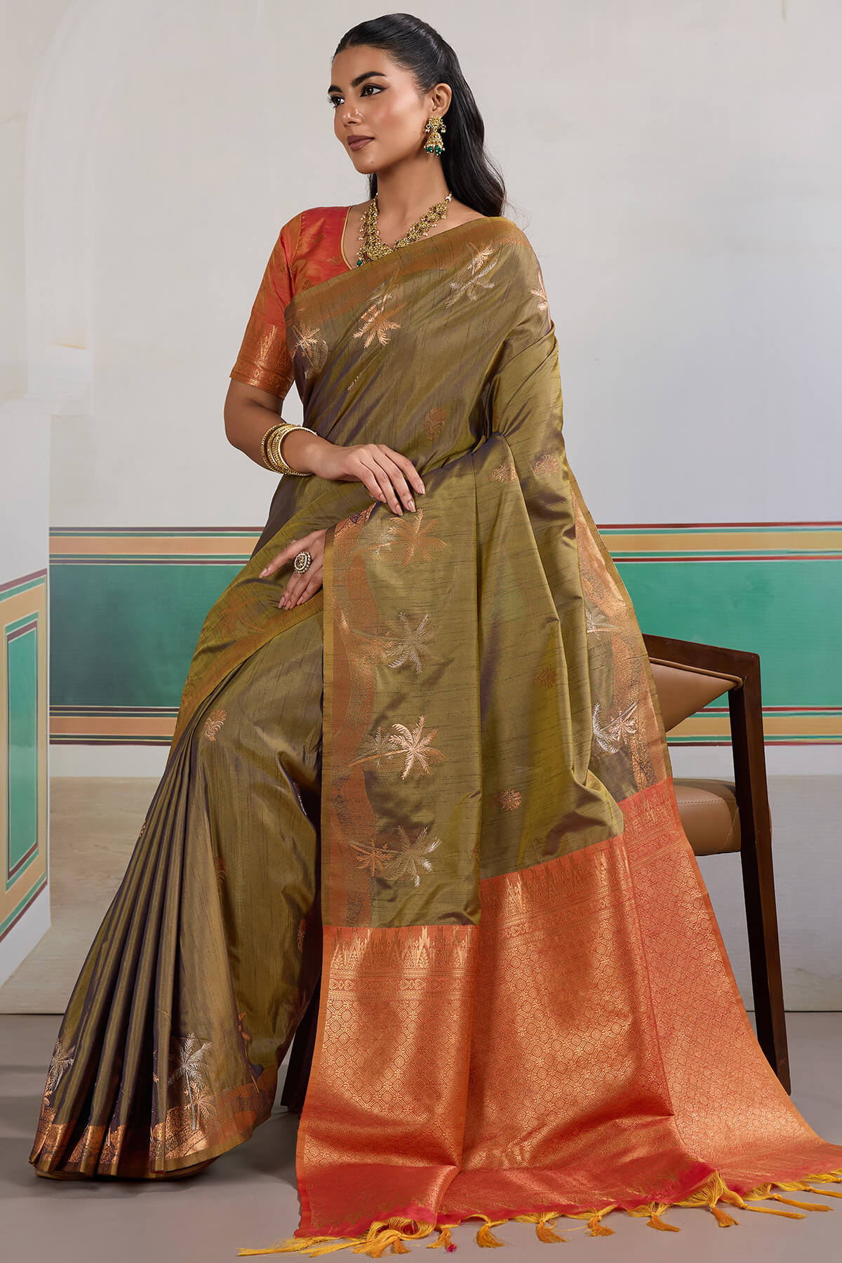 Epiphany Mustard Banarasi Tussar Silk Saree With Gleaming Blouse Piece