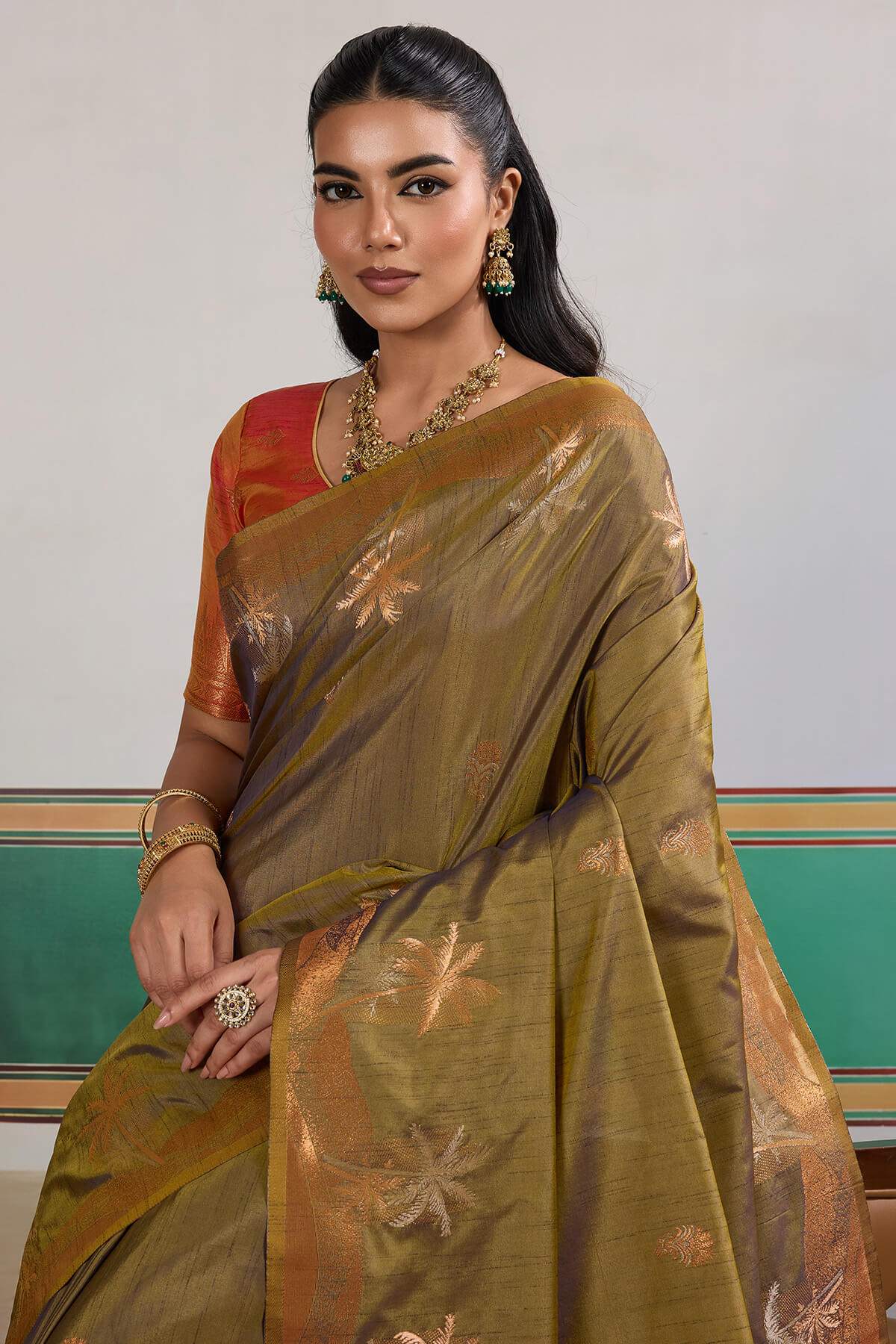 Epiphany Mustard Banarasi Tussar Silk Saree With Gleaming Blouse Piece