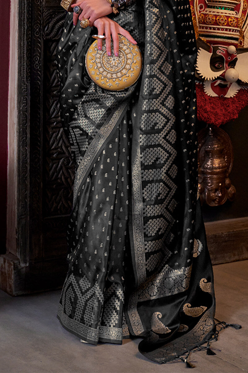 Vibrant Black Banarasi Satin Silk Saree With Rhapsodic Blouse