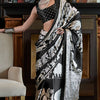 Vibrant Black and White Digital Printed Satin Silk Saree With Whimsical Blouse Piece