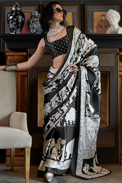 Vibrant Black and White Digital Printed Satin Silk Saree With Whimsical Blouse Piece