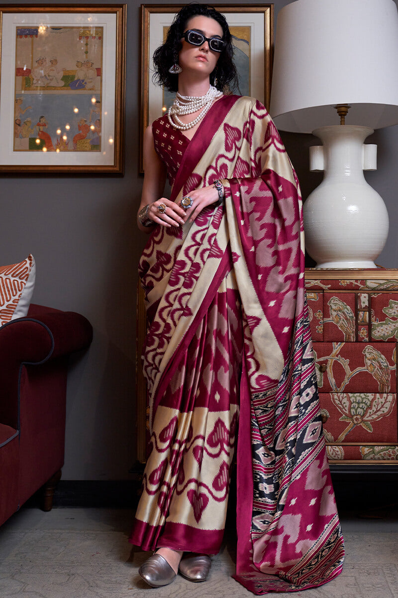 Epiphany Beige and Wine Digital Printed Satin Silk Saree With Effervescent Blouse Piece
