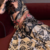 Chatoyant Beige and Black Digital Printed Satin Silk Saree With Comely Blouse Piece