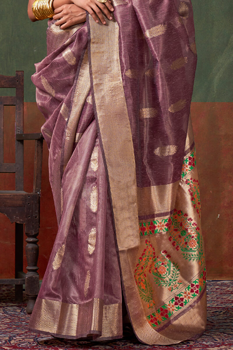 Staring Purple Paithani Pure Tissue Silk Saree With Comely Blouse Piece