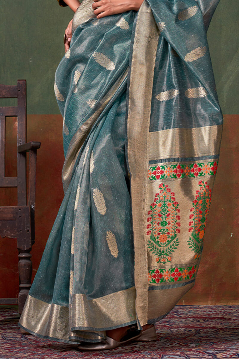 Piquant Rama Paithani Pure Tissue Silk Saree With Enticing Blouse Piece