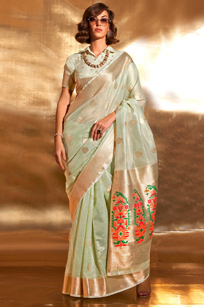 Girlish Pista Paithani Silk Saree With Opulent Blouse Piece