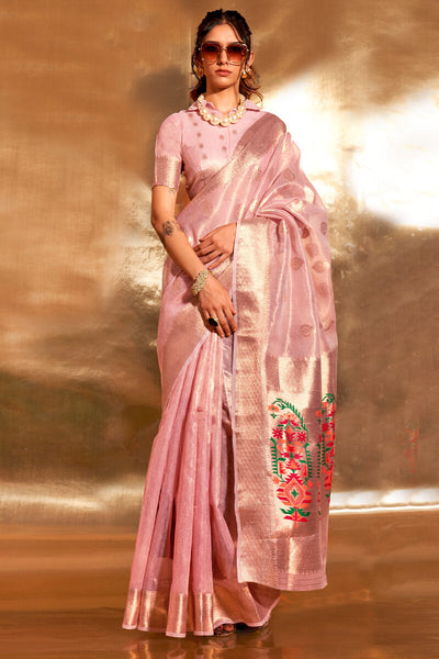 Bucolic Pink Paithani Silk Saree With Mellifluous Blouse Piece