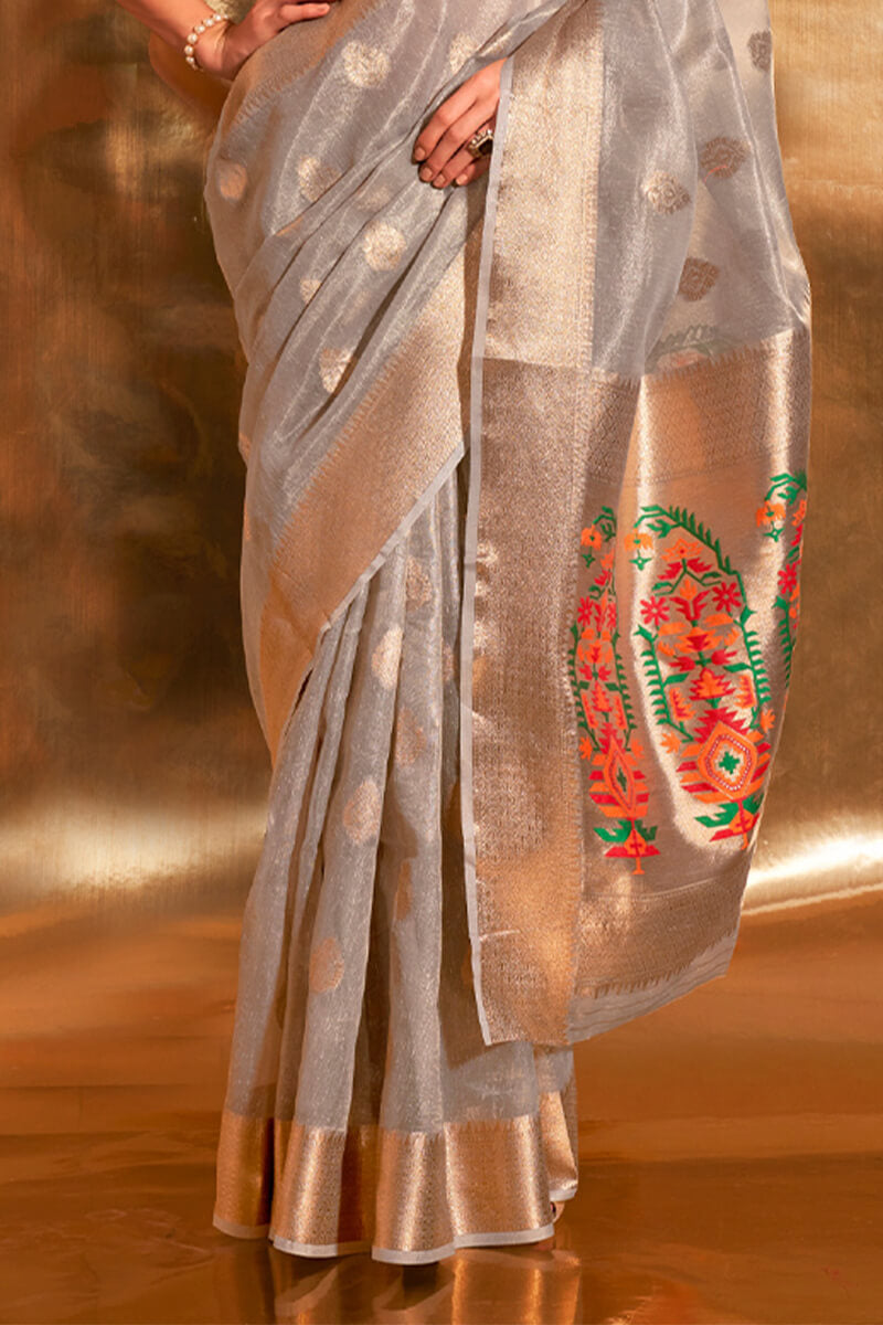 Fragrant Grey Paithani Silk Saree With Tremendous Blouse Piece