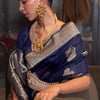 Beleaguer Navy Blue Soft Banarasi Silk Saree With Embrocation Blouse Piece