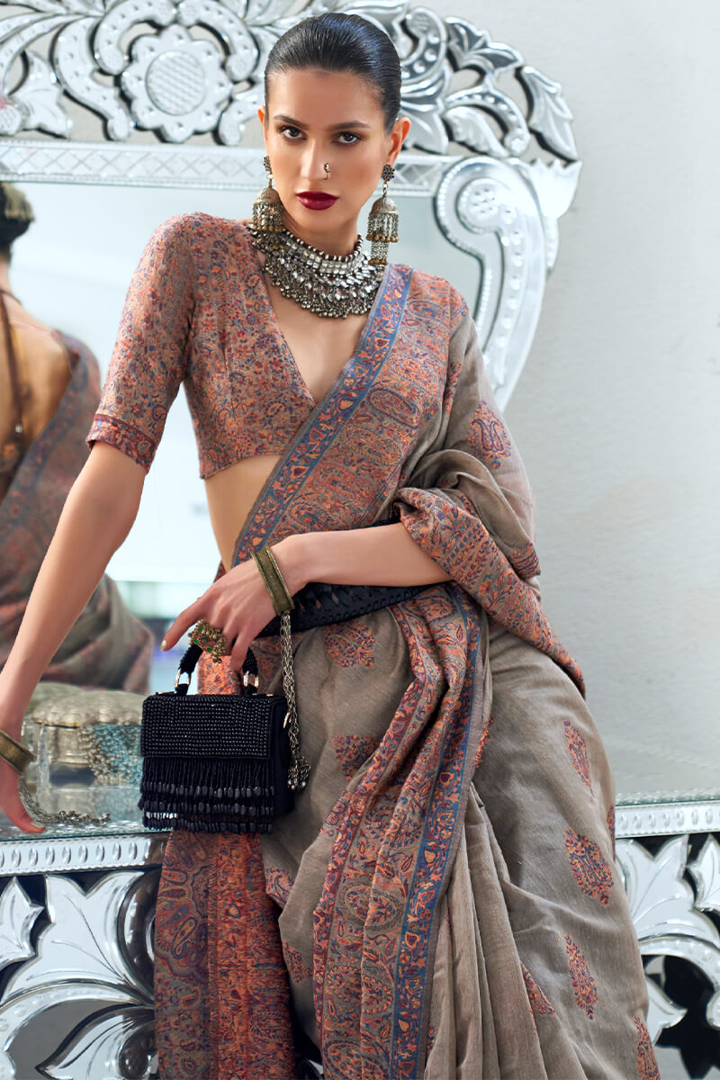 Phenomenal Grey Pashmina saree With Desiring Blouse Piece