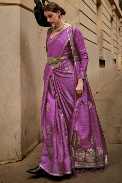 Eclat Lavender Banarasi Satin Silk Saree With Flameboyant Blouse