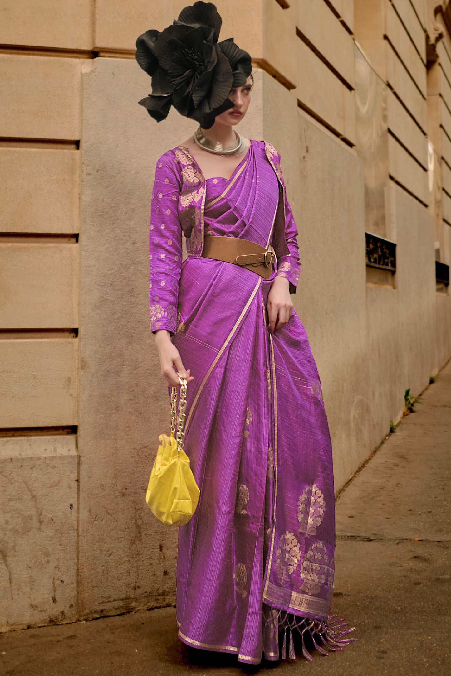 Eclat Lavender Banarasi Satin Silk Saree With Flameboyant Blouse