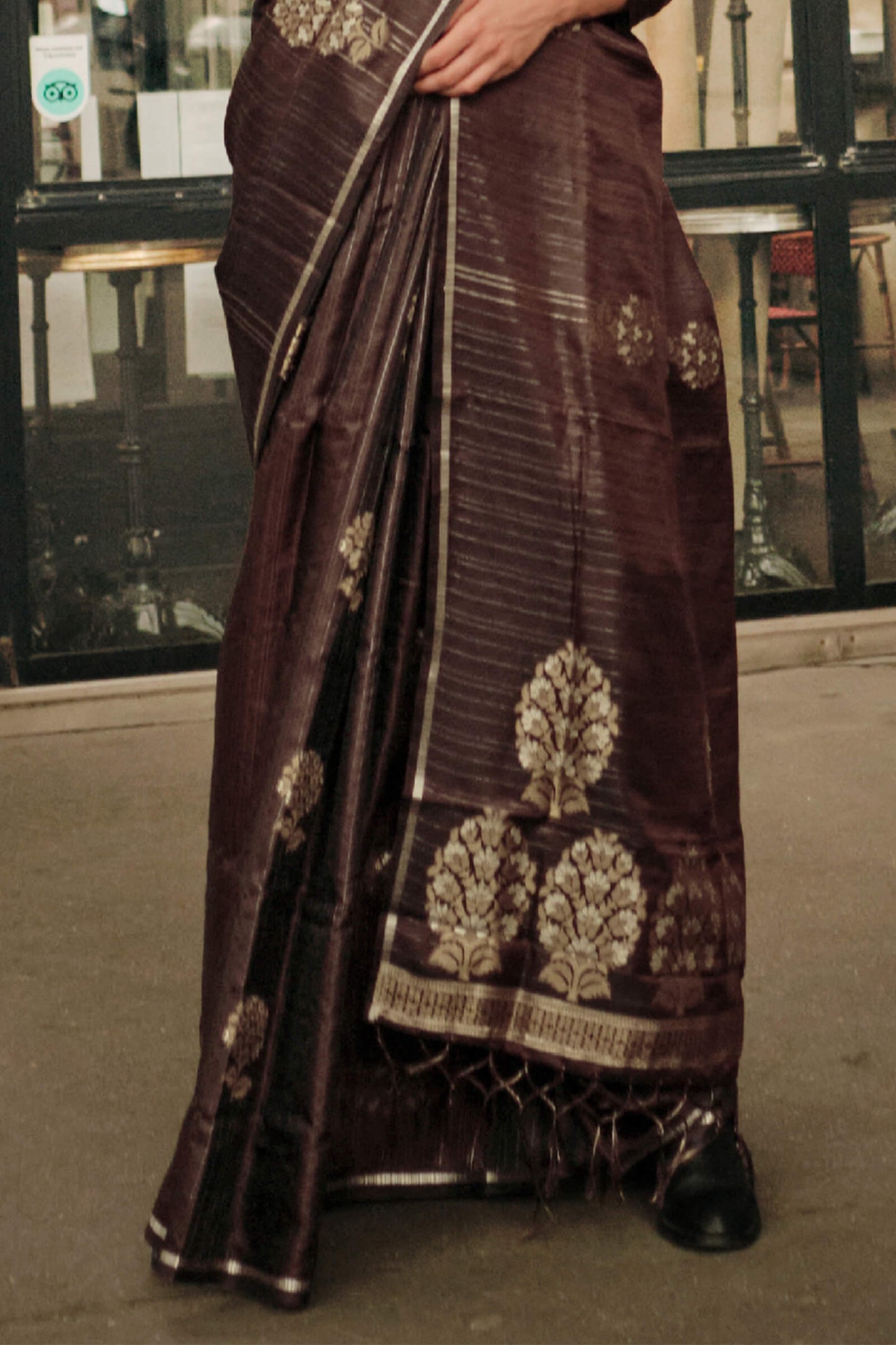 Engrossing Brown Banarasi Satin Silk Saree With Moiety Blouse
