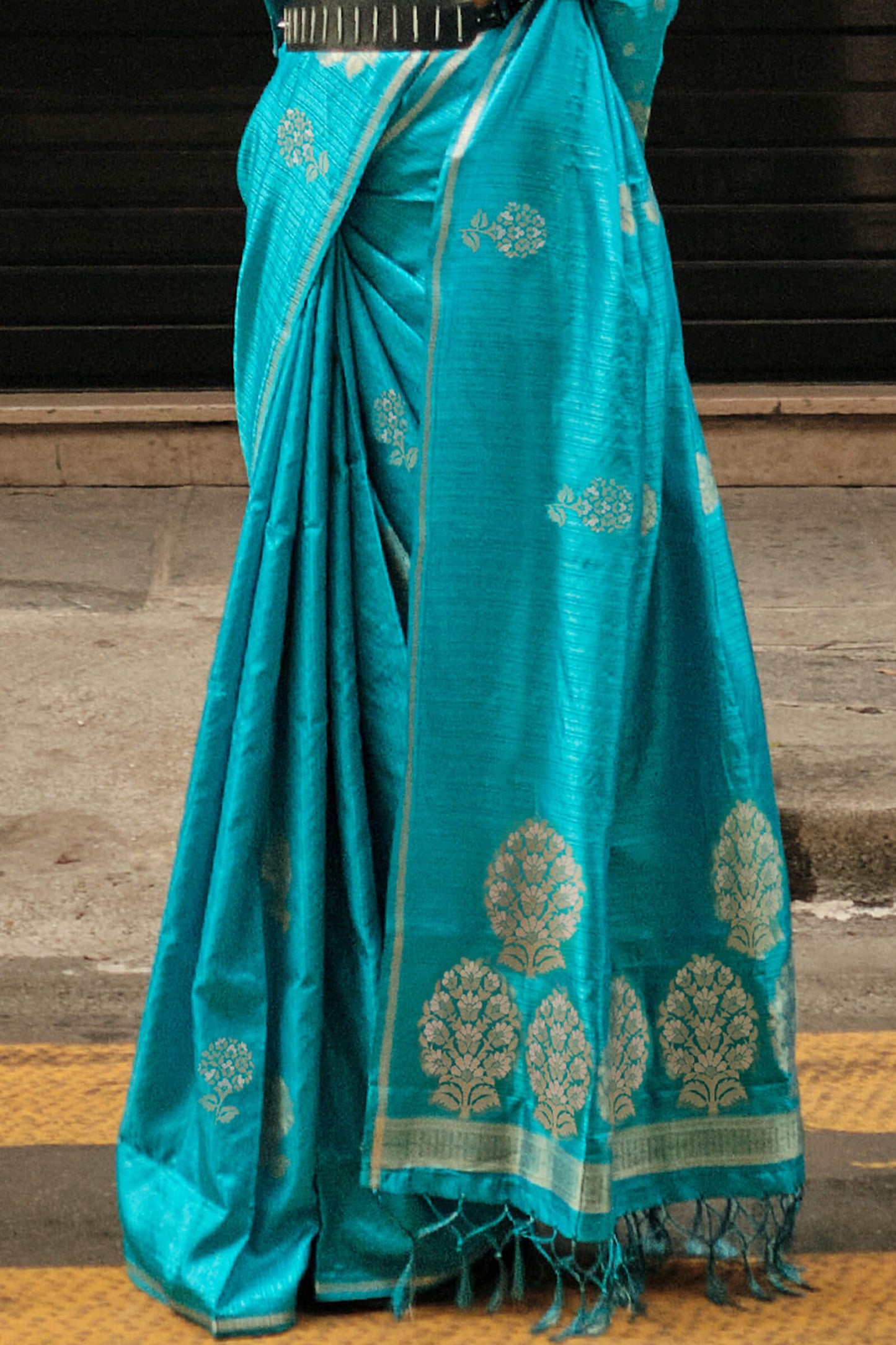 Quixotic Firozi Banarasi Satin Silk Saree With Artistic Blouse