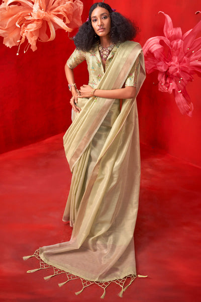 Sizzling Pista Soft Banarasi Tissue Silk Saree With Radiant Blouse Piece