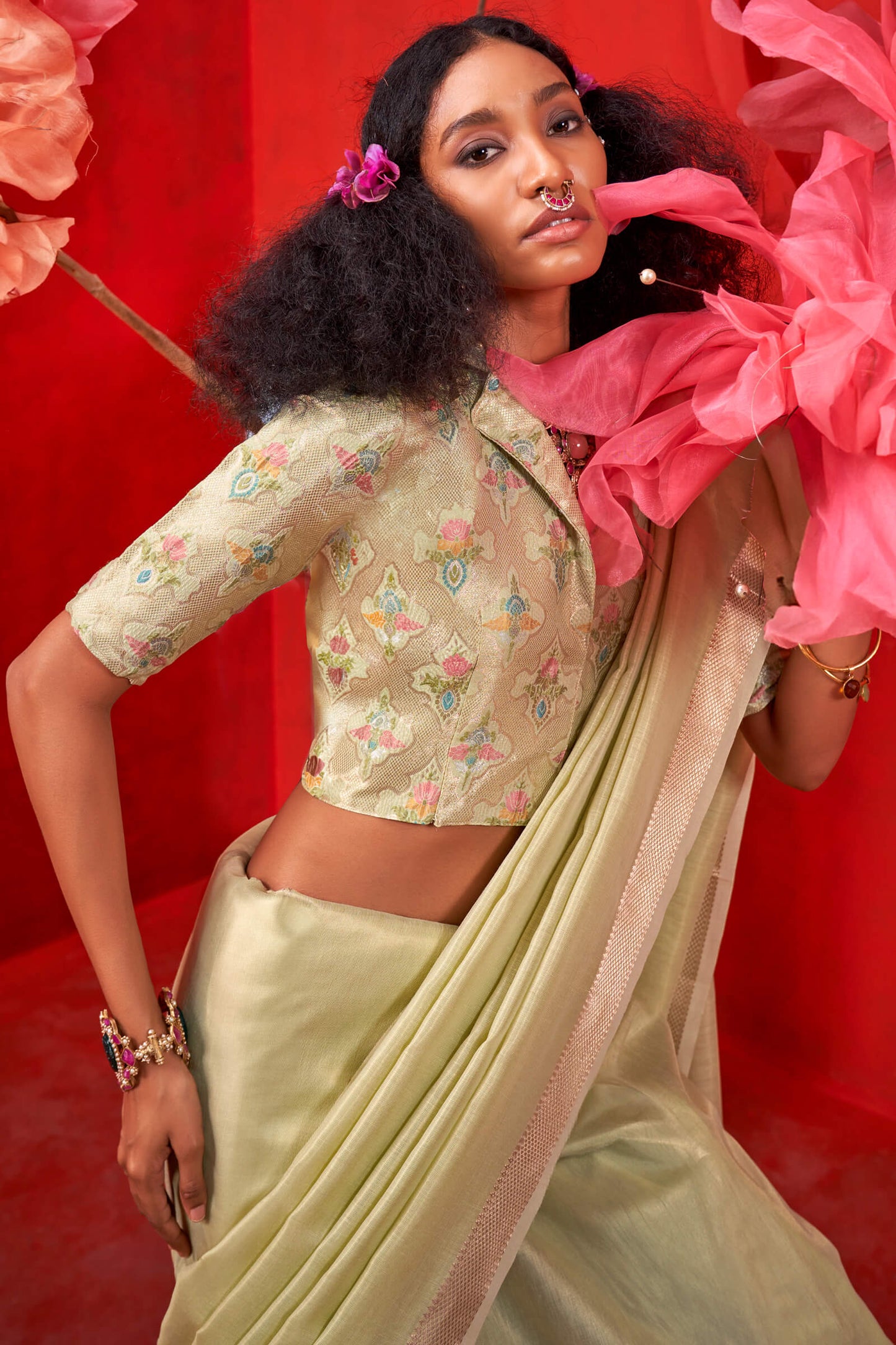 Sizzling Pista Soft Banarasi Tissue Silk Saree With Radiant Blouse Piece