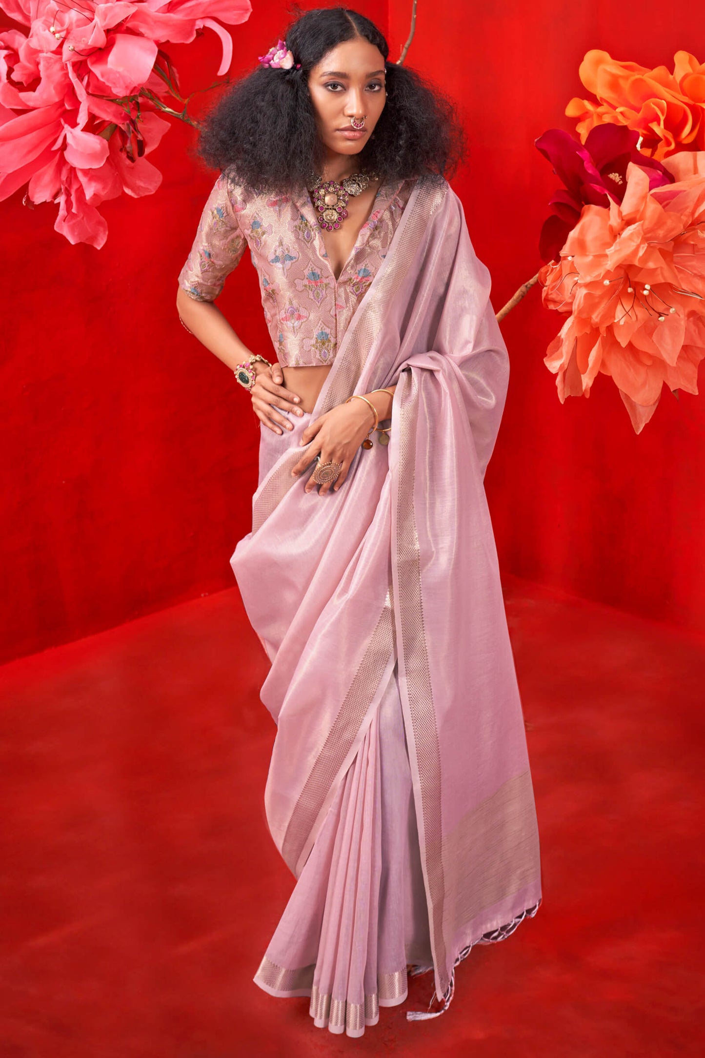 Serendipity Baby Pink Soft Banarasi Tissue Silk Saree With Snappy Blouse Piece