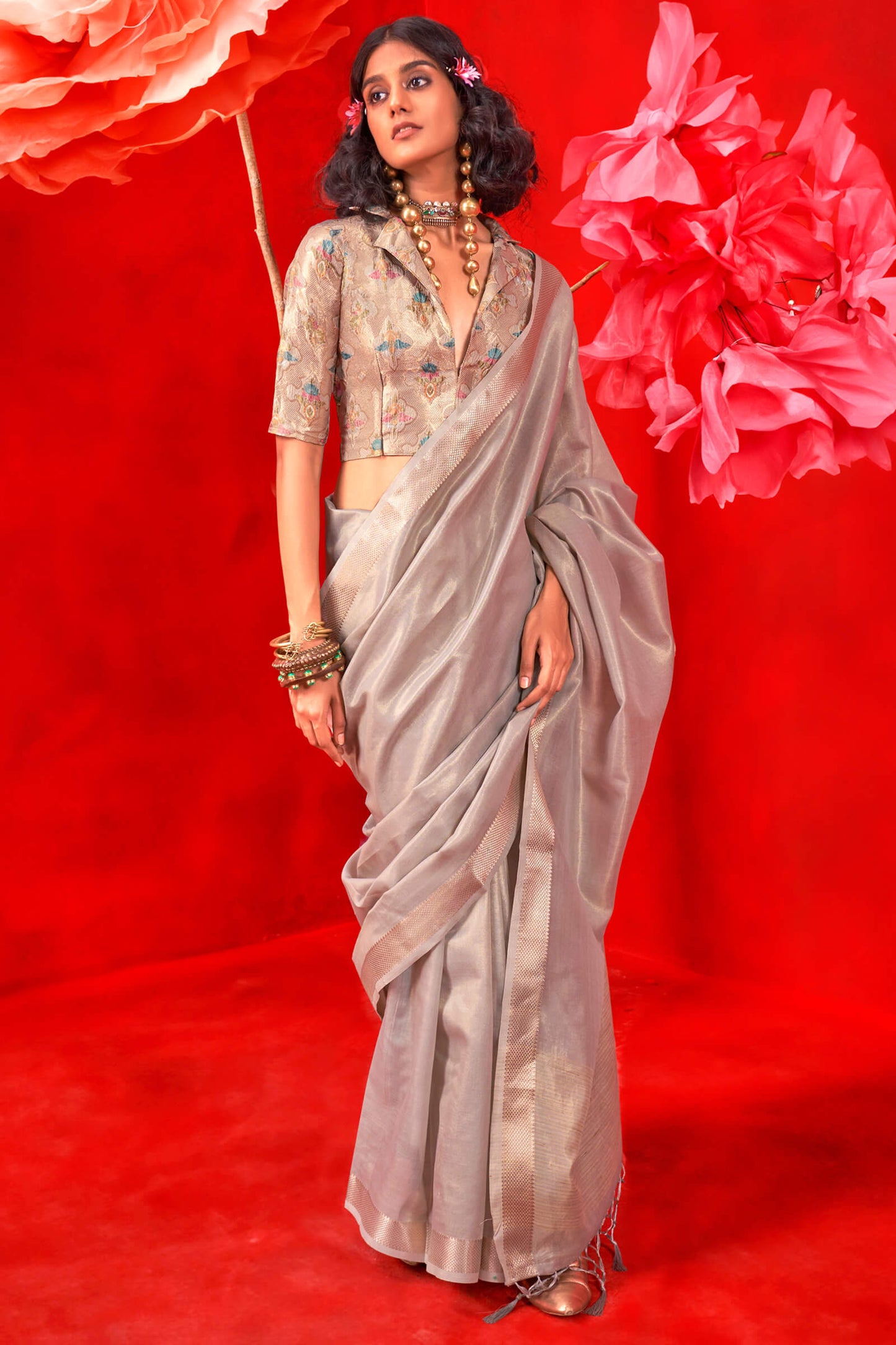 Incomparable Grey Soft Banarasi Tissue Silk Saree With Assemblage Blouse Piece