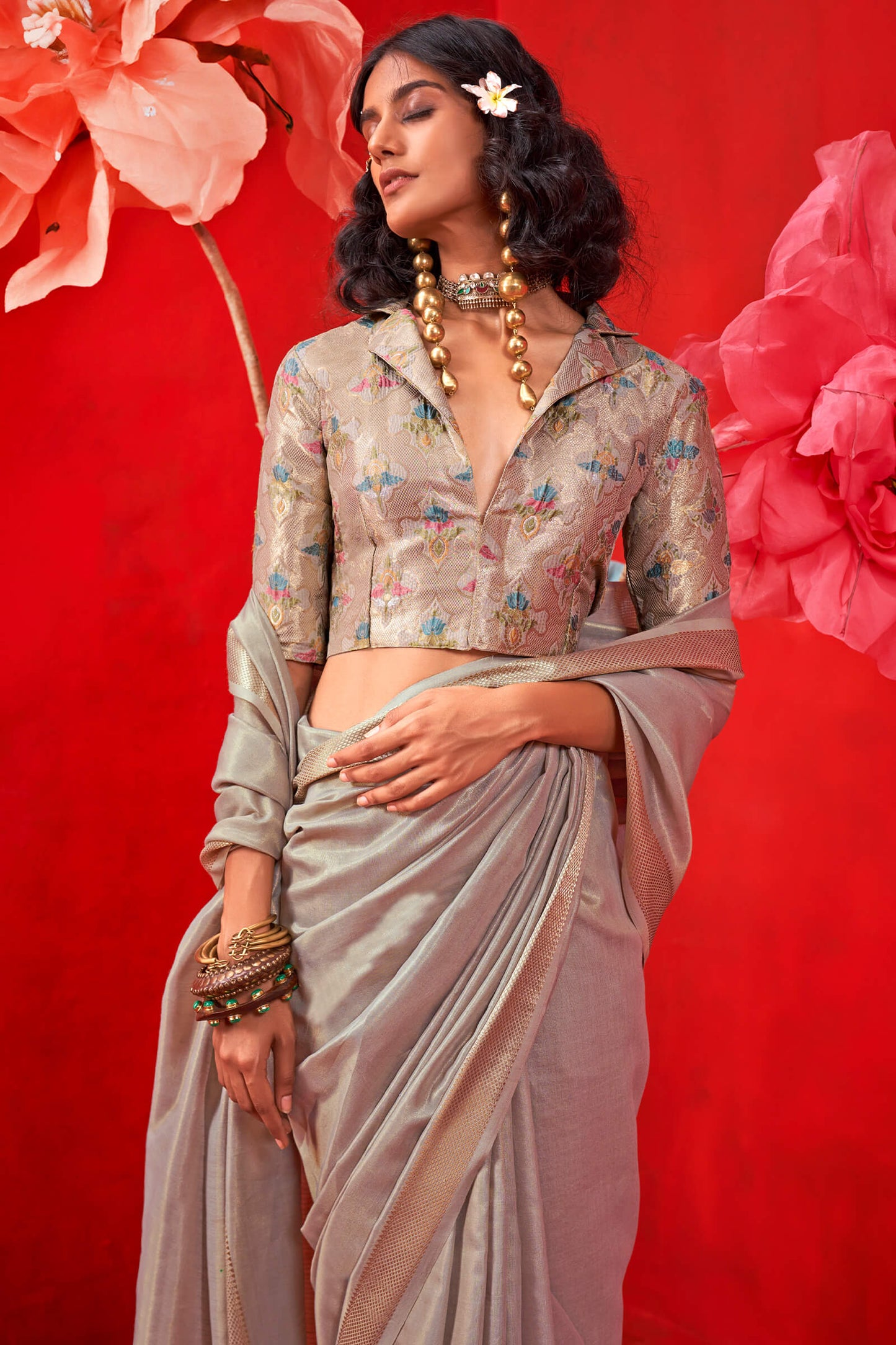 Incomparable Grey Soft Banarasi Tissue Silk Saree With Assemblage Blouse Piece