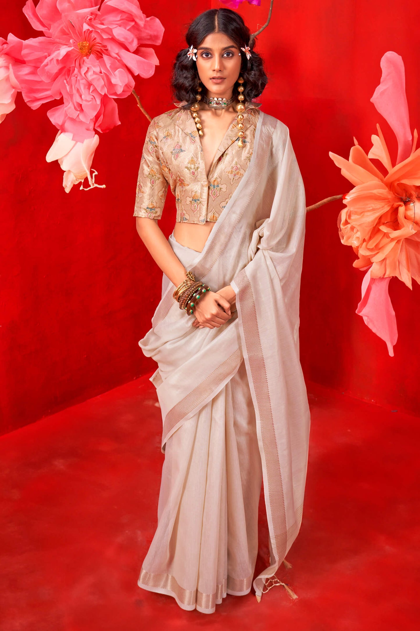 Embrocation Beige Soft Banarasi Tissue Silk Saree With Bucolic Blouse Piece