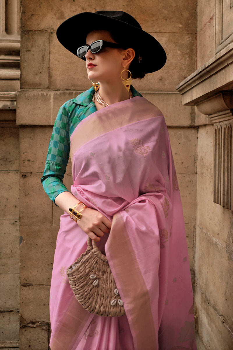Prettiest Baby Pink Soft Banarasi Silk Saree With Opulent Blouse Piece