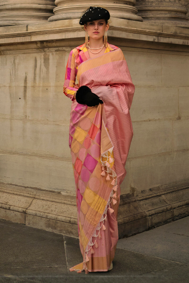 Gleaming Pink Soft Banarasi Silk Saree With Flattering Blouse Piece