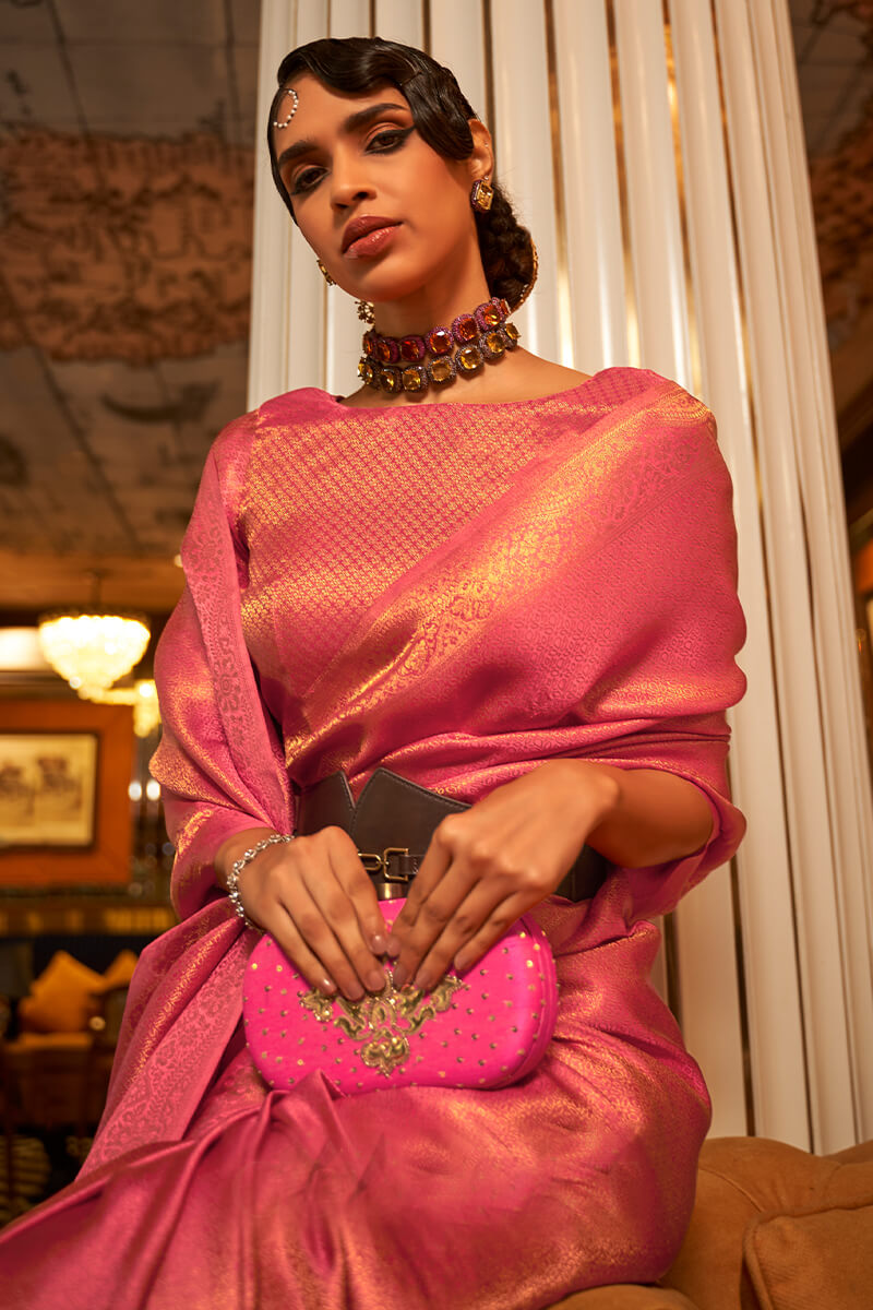 Classy Pink Kanjivaram Silk Saree With Capricious Blouse Piece