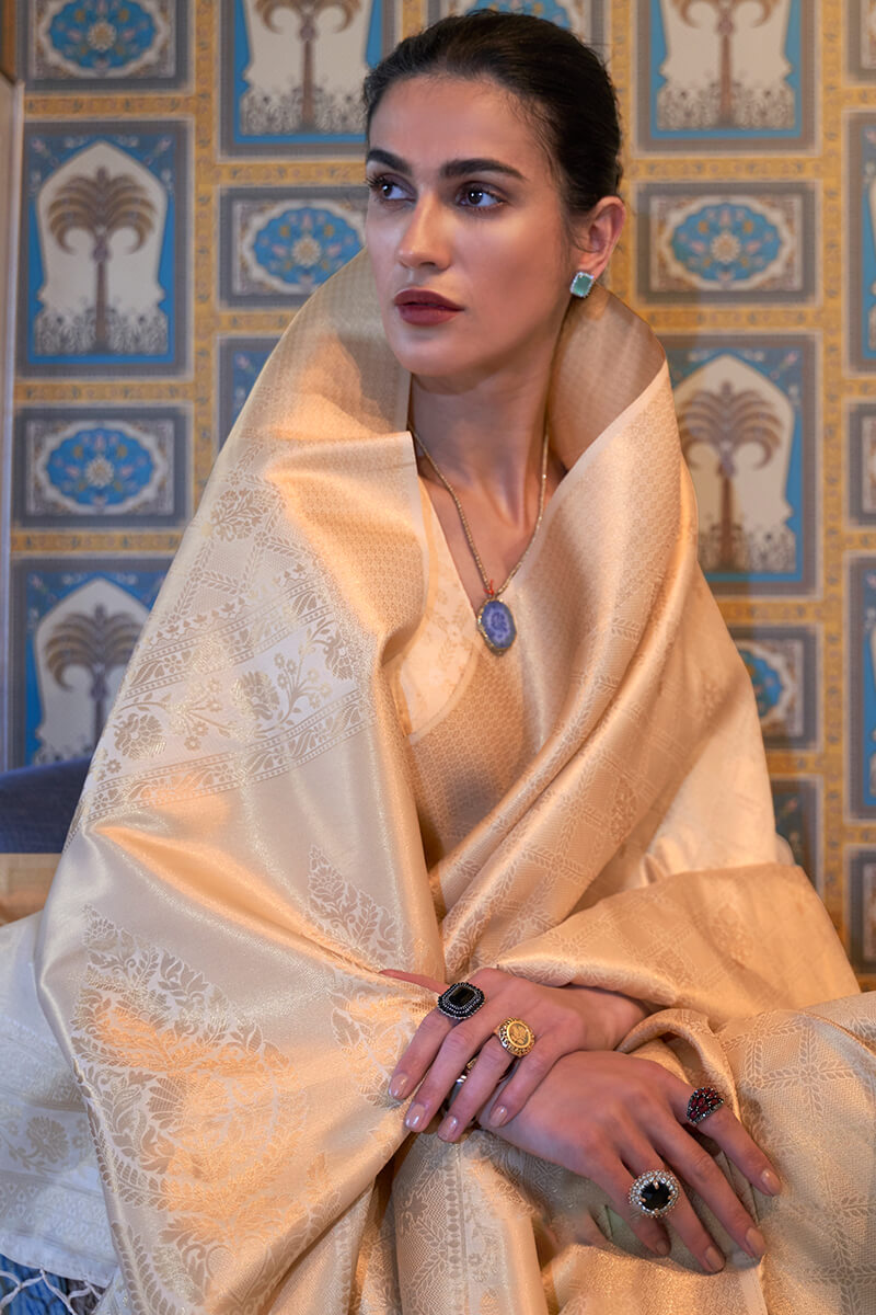Excellent Beige Kanjivaram Silk Saree With Effervescent Blouse Piece