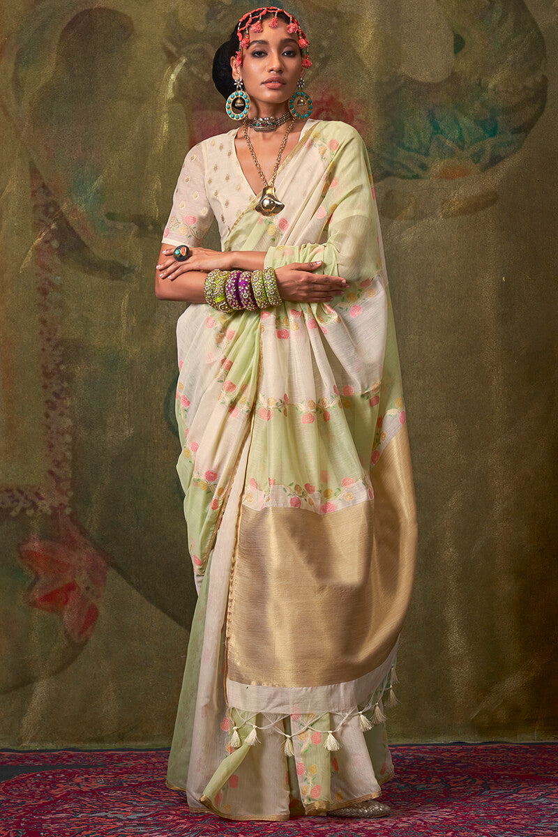 Whimsical Beige and Pista Cotton Silk Saree With Seraphic Blouse Piece