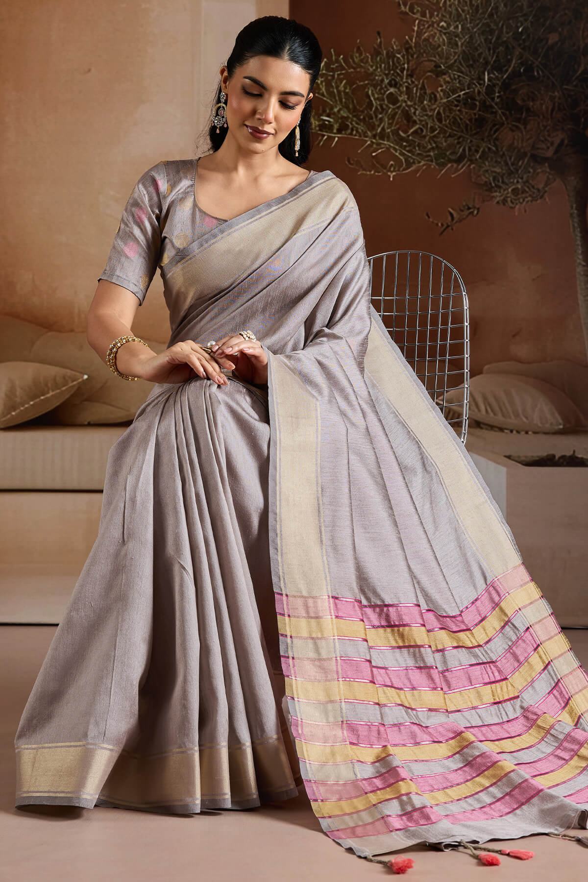 Most Flattering Grey Soft Banarasi Bhagalpuri Silk Saree With Charismatic Blouse Piece