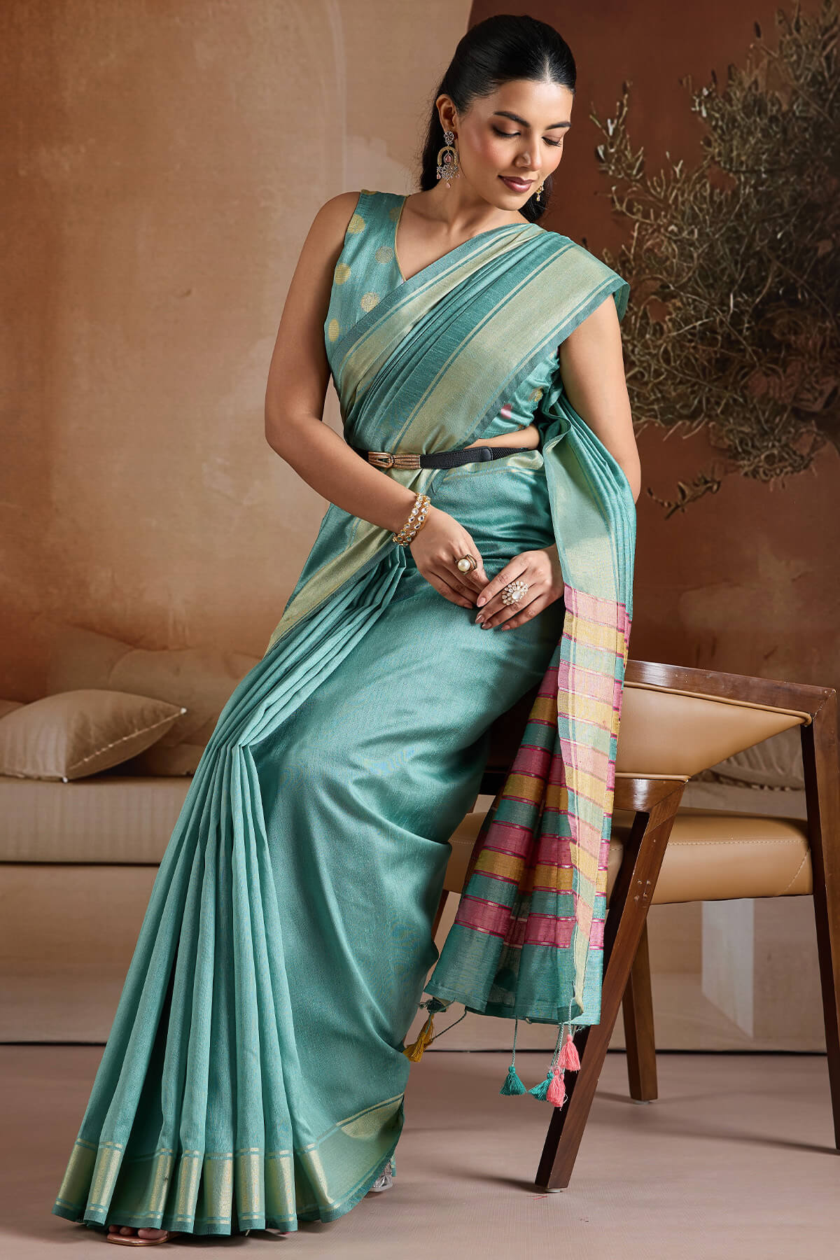 Proficient Firozi Soft Banarasi Bhagalpuri Silk Saree With Woebegone Blouse Piece