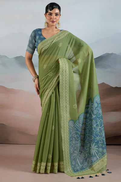 Elaborate Green Cotton Silk Saree With Flameboyant Blouse Piece