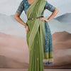 Elaborate Green Cotton Silk Saree With Flameboyant Blouse Piece