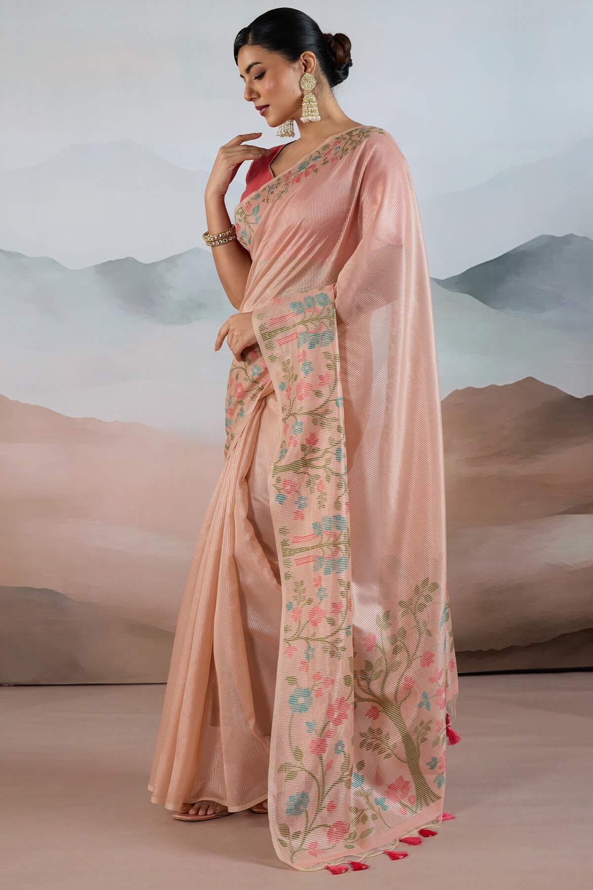 Pleasant Peach Soft Banarasi Tissue Silk Saree With Evocative Blouse Piece