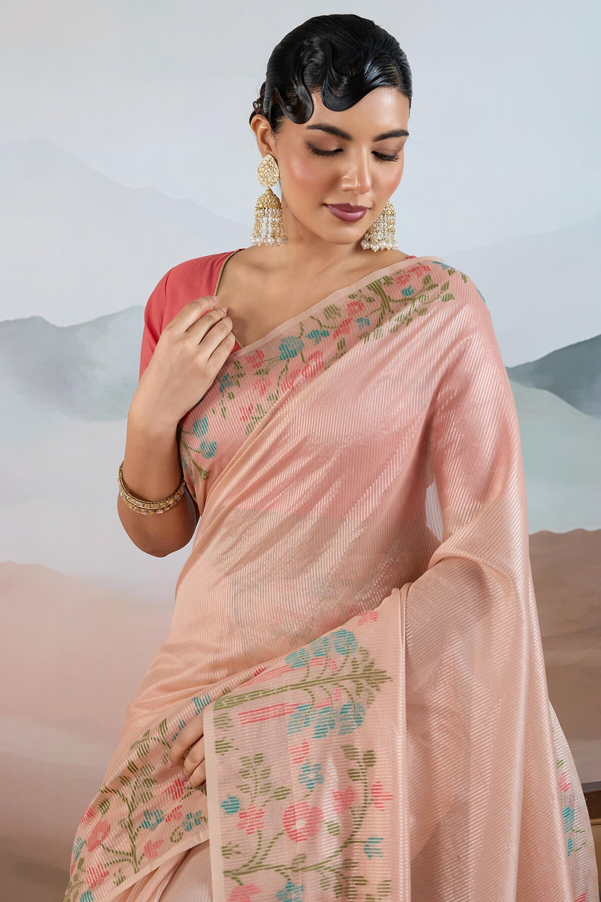 Pleasant Peach Soft Banarasi Tissue Silk Saree With Evocative Blouse Piece