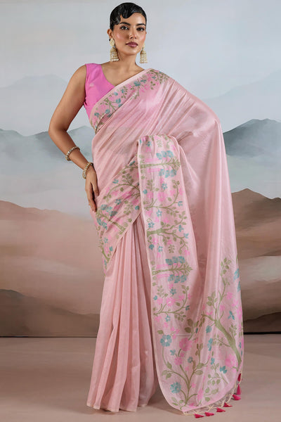 Groovy Baby Pink Soft Banarasi Tissue Silk Saree With Lustrous Blouse Piece