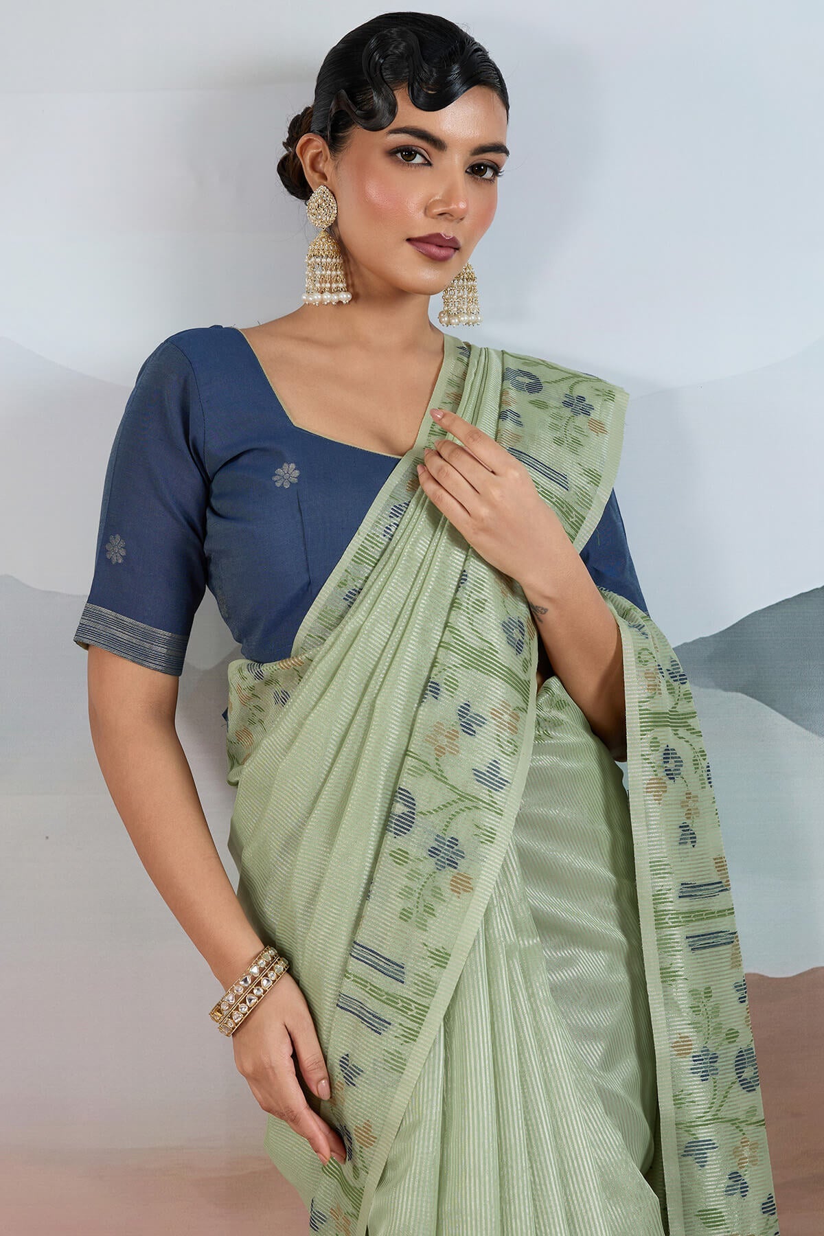 Designer Pista Soft Banarasi Tissue Silk Saree With Exquisite Blouse Piece