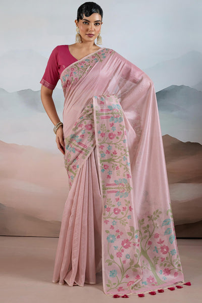 Excellent Pink Soft Banarasi Tissue Silk Saree With Dissemble Blouse Piece