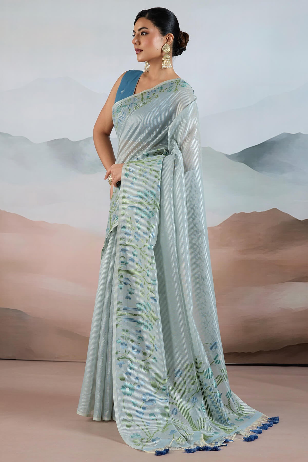 Adorable Sky Soft Banarasi Tissue Silk Saree With Amiable Blouse Piece