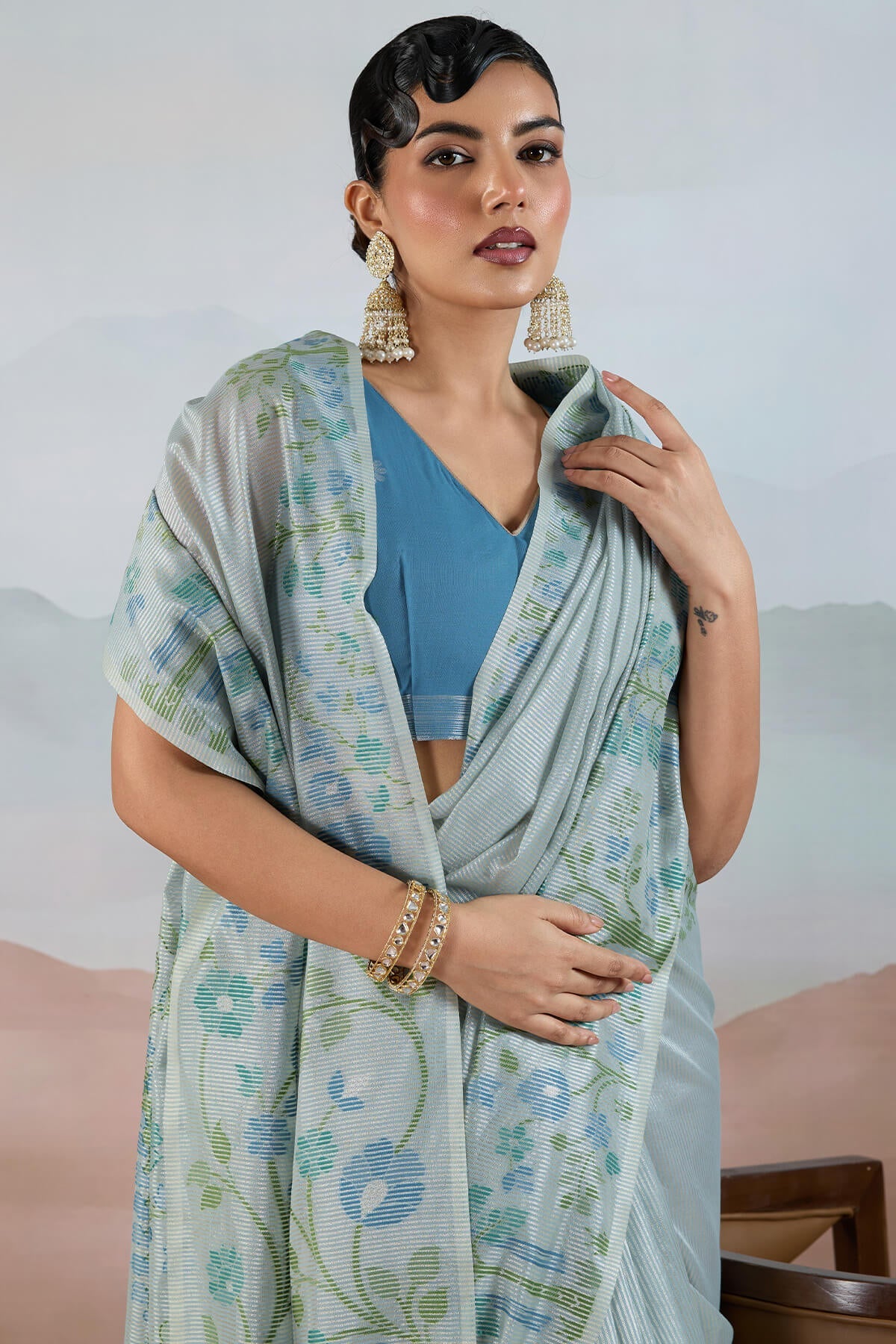 Adorable Sky Soft Banarasi Tissue Silk Saree With Amiable Blouse Piece