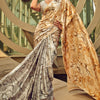 Grandiose Grey and Beige Digital Printed Satin Silk Saree With Quixotic Blouse Piece