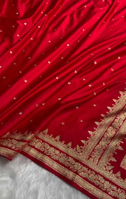 Classic Red Silk Saree with Minimal Golden Zari Butti & Elegant Border