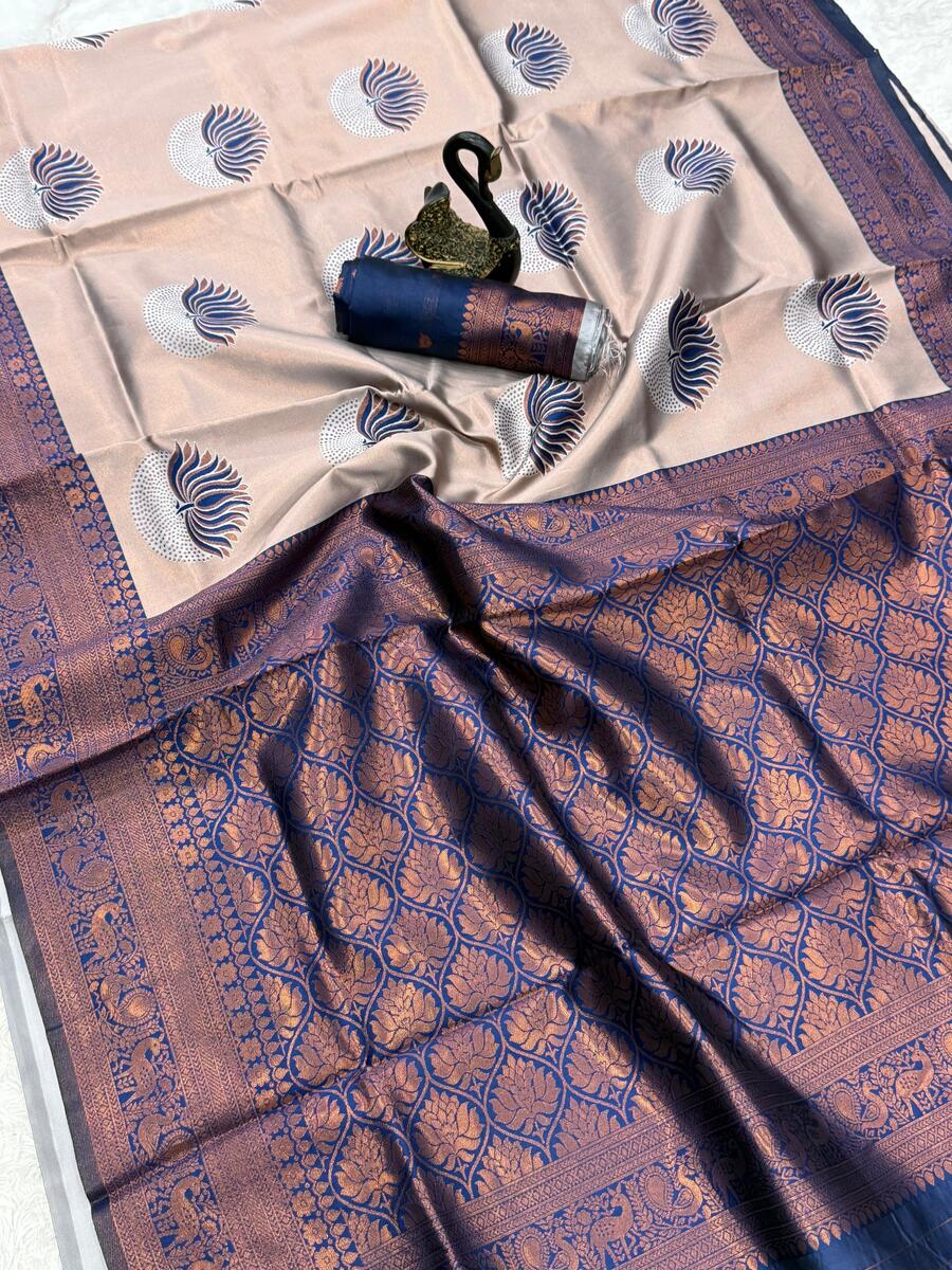 Flaunt Beige and Blue Soft Silk Saree With Dissemble Blouse Piece