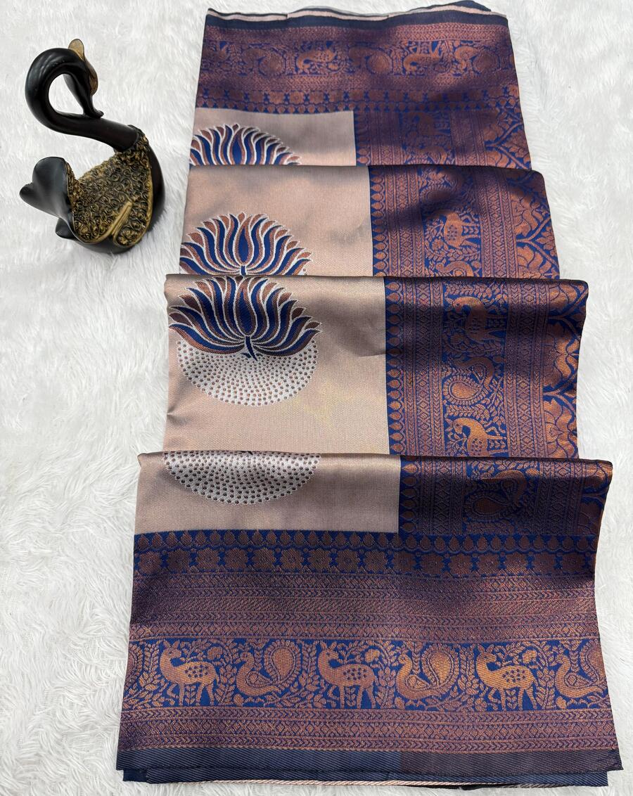 Flaunt Beige and Blue Soft Silk Saree With Dissemble Blouse Piece